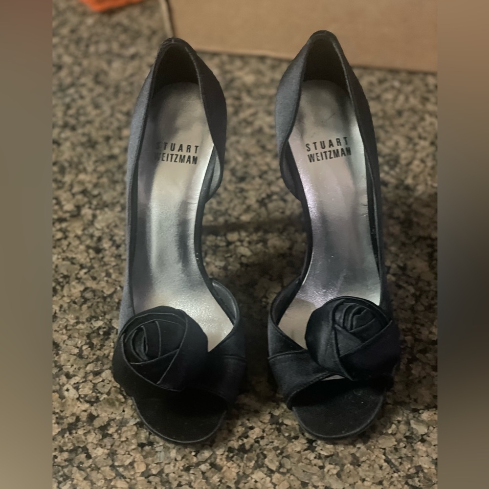 Stuart Weitzman Black Satin Peep Toe Heels
